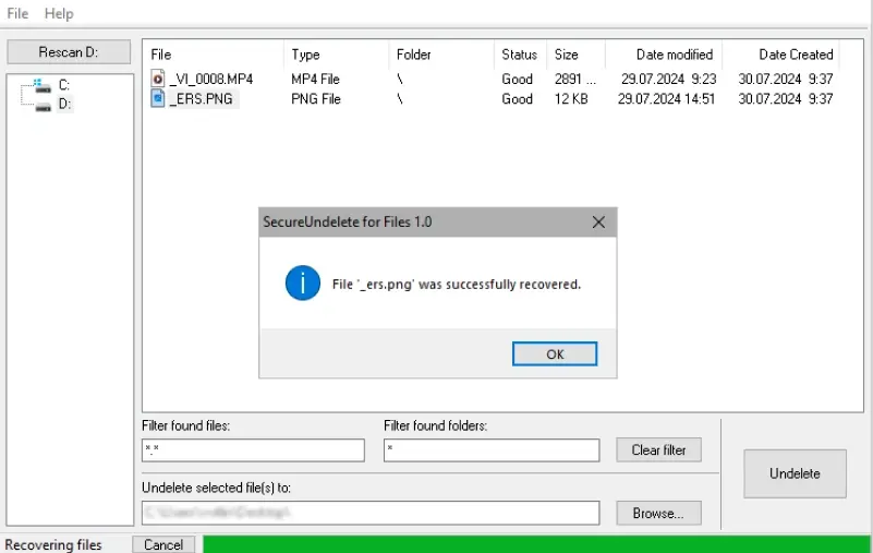 A screenshot showing the successful recovery of deleted files with SecureRecovery® Undelete.