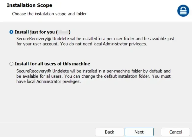 A screenshot showing the installation options for SecureRecovery® Undelete.