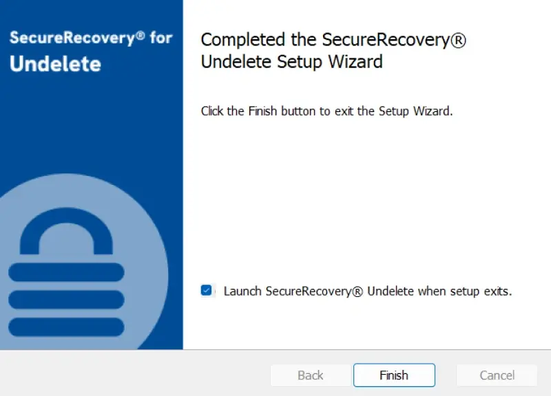 A screenshot showing the completed setup of SecureRecovery® Undelete.