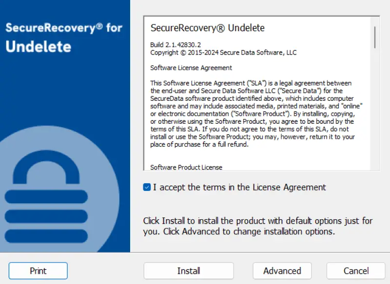 A screenshot showing the license agreement and setup for SecureRecovery® Undelete.