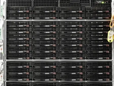 An image of a high-density server rack that uses RAID for storage.