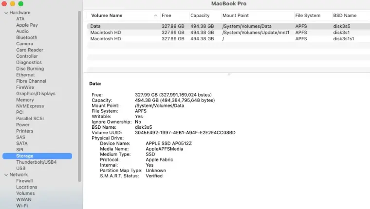 Screenshot showing laptop drive attributes in the System Information report on macOS.